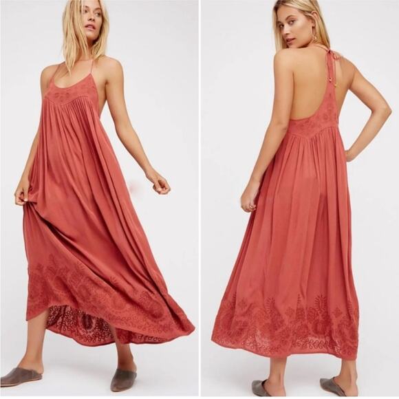 Free People Dresses & Skirts - Free People Elaine Embroidered Racer ack Maxi Dress Dusty Pink Rust M